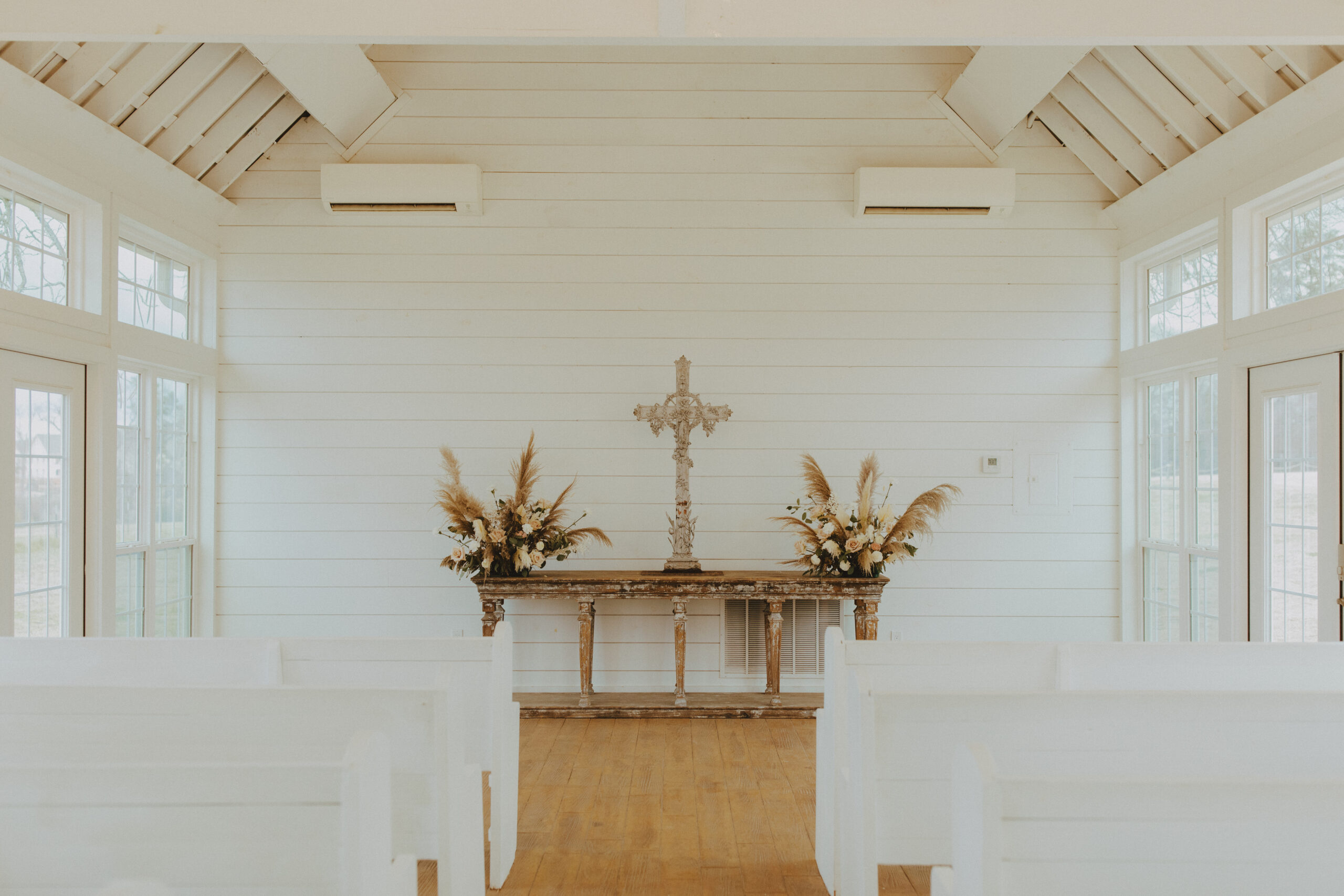The Folmar Wedding Venue in Tyler, Texas. Inside the white chapel.